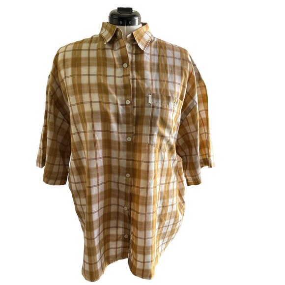 Men's Benzene  Plaid Button-Down Shirt Cotton Yellow & Brown Size XXL Sku 2991 - Picture 2 of 6